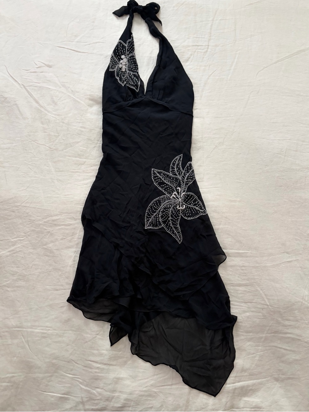Vintage BCBGMAXAZRIA 100% Silk Black Embroidered Halter Midi Dress